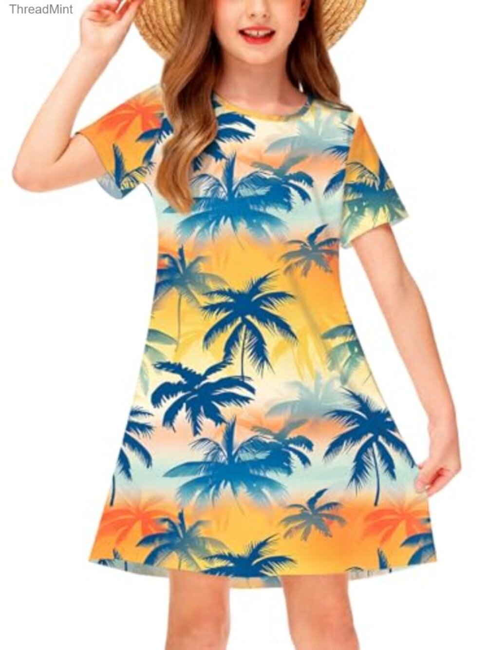 Girls Hawaiian Summer Short Sleeve Swing Dress Knee Length Beach Party
